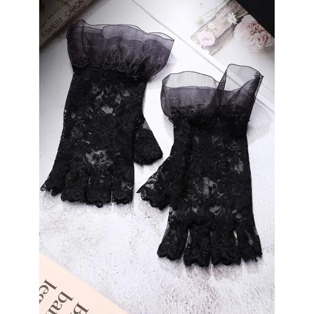 Women's Black Lace Short Floral Halloween Cosplay Dress Up Costume Gloves